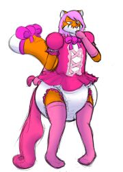 age_regression bow crossdressing diaper empty_eyes feminization furry gloves male_only malesub original pink_hair sketch solo theheliumtiger thighhighs thumb_sucking tiger_boy