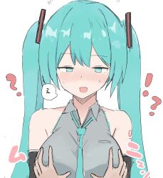  ambiguous_pov blue_eyes blue_hair blush breast_grab breasts clothed confused femsub hair_ornament large_breasts long_hair miku_hatsune open_mouth pov pov_dom qvertwt simple_background speech_bubble sweat tie twintails unfocused_eyes vocaloid white_background 