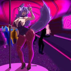  absurdres animal_ears bimbofication blue_hair breast_press breasts bunny_ears bunny_girl bunnysuit clothed_exposure collar crotch_cutout cuffs earrings eyeshadow female_only femsub floofy_(bluesfloofy) happy_trance hear heart huge_breasts large_breasts leaning_forward lipstick long_hair original pantyhose personagirlincolor_(artist) pink_eyes pink_lipstick pole_dancing purple_lipstick pussy smile solo standing tagme tail zephyrgales 
