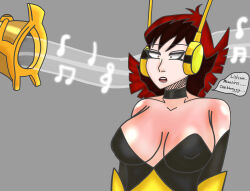  absurdres breasts cleavage clothed dialogue english_text femsub grey_background horn horn_of_hypnos hypnotic_music instrument large_breasts marvel_comics music open_mouth red_hair short_hair shrunken_irises shysketches simple_background solo speech_bubble super_hero text w.i.t.c.h wasp 