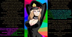 blonde_hair bodysuit breasts camie_utsushimi caption caption_only cleavage exposed_chest female_only femdom glowing glowing_eyes hat hypnotic_gas hypnotic_light lewdamone long_hair manip my_hero_academia nipples no-omega_(manipper) pov pov_sub seductive_smile smile studded_collar text topless zipper