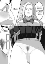  absurdres ahoge altered_common_sense ass cell_phone censored comic dialogue femsub greyscale hard_translated huge_ass indifferent kawasaki_tadataka large_hips maledom ms._nishino_gets_hypnotized navel nishino_(kawasaki_tadataka) no_panties phone ribbon school_uniform skirt skirt_lift standing standing_at_attention tech_control text tomboy translated unaware 