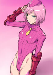  beret blue_eyes breasts capcom corruption cosplay empty_eyes estellise_sidos_heurassein expressionless hai_(h81908190) large_breasts latex leotard pink_hair saluting shadaloo_dolls short_hair small_breasts standing street_fighter tales_of_(series) tales_of_vesperia 