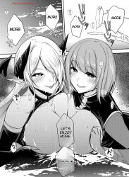 aphrodisiac artist_request character_request corruption demon_girl empty_eyes exposed_chest femsub heart heart_eyes huge_breasts licking long_hair magic malesub monochrome paizuri priest sex short_hair tagme threesome tongue translated yuusha-kun_wa_tabidatenai