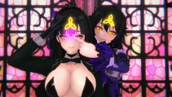 3d absurdres bangs black_hair bow breasts cleavage control_indicator earrings expressionless eye_roll eyeshadow female_only femdom femsub finger_to_forehead happy_trance herrscher_of_dominance hypnotized_dom hypnotized_hypnotist koikatsu! makeup multiple_girls nail_polish raiden_mei saluting shrunken_irises smile straight-cut_bangs tianming_kugua_dawang yellow_eyes