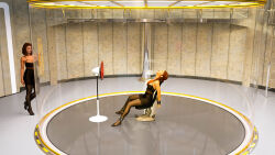 3d arms_above_head bare_shoulders brain_drain brown_hair chair closed_eyes corruption cuffs daz_studio elaine_(lori-nebula) feet female_only femdom femsub legs lingerie lipstick long_hair lori-nebula multiple_girls original pantyhose red_lipstick resisting restrained short_hair sitting skirt spiral_eyes spread_legs