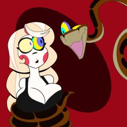 bare_shoulders blonde_hair breasts charlie_(hazbin_hotel) cleavage coils crossover disney femsub hazbin_hotel hypnomasterr hypnotic_eyes kaa kaa_eyes large_breasts lipstick long_hair makeup maledom open_mouth snake the_jungle_book 