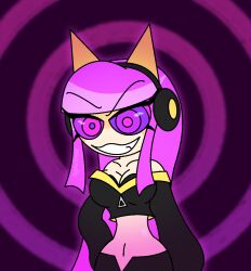 arm_warmers aura bare_shoulders cat_ears cleavage collarbone eyebrows_visible_through_hair eyelashes fake_animal_ears female_only femdom headphones hypnoscream hypnotic_eyes ic-313n internecion_cube kaa_eyes large_breasts long_hair midriff navel pov_sub purple_hair ring_background shiny_hair shiny_skin smirk solo straight-cut_bangs wide_hips zipper