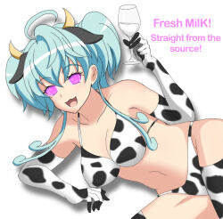  ahoge bikini bikini_bottom bikini_top blue_hair breasts cagliostro_(symphogear) cleavage cow_girl cow_print dazed fake_animal_ears female_only femsub gloves glowing glowing_eyes happy_trance horns large_breasts long_hair looking_at_viewer manip milk misterman4_(manipper) open_mouth opera_gloves pink_eyes senki_zesshou_symphogear smile solo spiral_eyes swimsuit symbol_in_eyes text thighhighs twintails type_96 