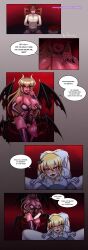  arms_behind_back blush breasts bulge cleavage demon_girl diana_(thecyberhide) drool femsub horns malesub multicolored_hair original porniky restrained smile tail text topless torn_clothes wings 
