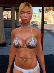 3d bare_shoulders blonde_hair blue_eyes cheetha_(grand_theft_auto_v) choker collarbone dreeplyn_(manipper) empty_eyes expressionless female_only femsub grand_theft_auto_(series) grand_theft_auto_v looking_at_viewer manip panties pink_lipstick short_hair solo standing stripper tattoo thighs underwear