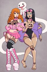  bare_legs barefoot bimbofication black_hair blue_eyes breasts cleavage collar doll doll_joints dollification femsub fishnets ghost glasses heart heart_eyes leash long_hair midriff multiple_arms multiple_girls multiple_subs nami_(one_piece) nico_robin one_piece orange_hair puppet tattoo torn_clothes wrenzephyr2 