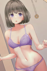  absurdres bare_shoulders blush bra breasts brown_hair cellophane_tape cleavage clothed_exposure coin drool expressionless eyebrows_visible_through_hair eyelashes female_only femsub grey_hair lace lingerie navel open_mouth original panties pendulum posed purple_eyes short_hair underwear 