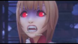 3d black_sclera corruption female_only final_fantasy glowing glowing_eyes lipstick long_hair open_mouth orange_hair red_eyes reynn screenshot spoilers text vampire video_game world_of_final_fantasy
