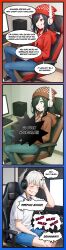 absurdres accidental_hypnosis ai_art beanie black_hair blush closed_eyes comic computer fungip_(generator) hand_on_head jeans jujutsu_kaisen open_mouth red_eyes shirt shorts sitting smirk sneakers surprised sweater text toge_inumaki white_hair