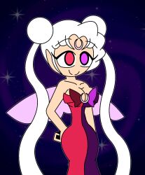  alternate_costume bare_shoulders blue_background bow collarbone dress eyebrows_visible_through_hair eyelashes facial_markings femsub hand_on_hip happy_trance heterochromia hypno-scream_(hypnoscream) hypnoscream large_breasts queen_serenity sailor_moon_(series) simple_background smile solo standing twintails very_long_hair white_hair wide_hips wings 
