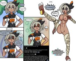 abs bea_(pokemon) breasts cleavage comic dark_skin empty_eyes feet female_only femsub grey_eyes idpet large_breasts nintendo open_mouth pet_play pokemon pokemon_sword_and_shield pussy short_hair text thighs