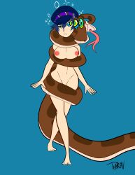absurdres blue_hair bottomless breasts coils dazed disney femsub hypnotic_eyes kaa kaa_eyes large_breasts naoto_shirogane nipples nude penken persona_(series) persona_4 snake the_jungle_book topless