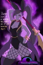  absurdres aura aware bracelet bunny_ears bunny_girl bunnysuit choker corruption demon dialogue dragon_quest_(series) dragon_quest_xi empty_eyes english_text eye_color_change fake_animal_ears femsub fishnets hand_on_hip happy_trance hypnotic_clothing jade_(dragon_quest_xi) large_breasts long_hair moonlightmik3 pink_eyes ponytail possession purple_skin smile spear square_enix text thighhighs weapon 