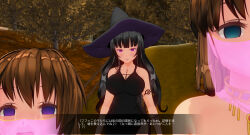 3d black_hair breasts brown_hair custom_maid_3d_2 empty_eyes female_only femdom femsub green_eyes happy_trance harem_outfit hat large_breasts purple_eyes sennoudaisuki text translated witch witch_hat