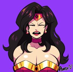 animated bare_shoulders black_hair breasts choker circlet clothed dc_comics earrings female_only femsub happy_trance huge_breasts kaa_eyes lipstick long_hair one_eye_open psyfly red_lipstick resisting ring_eyes simple_background smile solo sound super_hero video wonder_woman