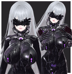  3d absurdres arms_above_head aura blindfold bodysuit boots breast_press claws crotch_tattoo expressionless female_only femsub futanari futasub gloves grey_background koikatsu! kuromaru large_breasts living_costume long_hair m.u.g.e.n. null_bulge original pad_lock parasite pasties possession purple_eyes simple_background sumxsum03 symbiote tentacles thigh_boots thighhighs white_hair 