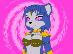 absurdres blue_hair blue_skin bra breasts cleavage clothed collar collarbone eye_color_change female_only femsub fox_girl furry jhilthon0907 krystal midriff navel necklace nintendo pink_eyes pink_sclera short_hair solo spiral_background spiral_eyes star_fox