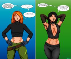 abs altered_common_sense before_and_after belt black_hair collar femsub gloves gothification green_eyes kim_possible kim_possible_(series) megaguardain midriff navel navel_piercing red_hair text tomboy 
