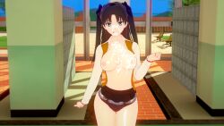  3d absurdres after_fellatio after_sex altered_common_sense black_hair blue_eyes breasts cleavage collarbone comic cum cum_in_mouth cum_on_breasts cum_on_face empty_eyes erect_nipples fate/stay_night fate_(series) female_only femsub happy_trance koikatsu! large_breasts large_hips long_hair navel netorare panties pov pov_dom rin_tohsaka skirt skirt_lift solo standing timer 