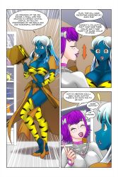 alien_girl blue_skin bow breasts brown_eyes cleavage closed_eyes comic dialogue dress elf_ears empty_eyes english_text femdom femsub freckles happy_trance horns kimberly_smith_(daveyboysmith9) large_breasts lipstick long_hair lum makeup midriff multicolored_hair oni_girl open_mouth original posing princess purple_eyes purple_hair purple_lipstick short_hair smile speech_bubble standing story text thighhighs thighs tiger_print urusei_yatsura wadevezecha weapon