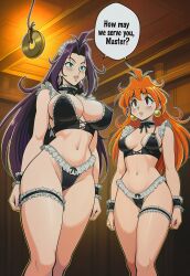  ai_art blue_eyes cameltoe choker empty_eyes english_text erect_nipples expressionless femsub garter hellsing002_(generator) large_breasts lina_inverse lingerie maid maid_headdress naga_the_serpent orange_hair pendulum purple_hair red_eyes slayers small_breasts speech_bubble standing standing_at_attention 