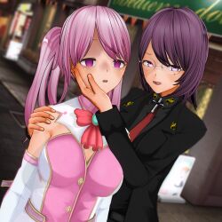  3d baldmen4 bow_tie breasts custom_maid_3d_2 empty_eyes expressionless female_only femdom femsub glasses gloves heavy_eyelids large_breasts looking_at_viewer magical_girl multiple_girls open_mouth opera_gloves pink_eyes pink_hair purple_eyes purple_hair short_hair smile suit tie twintails 
