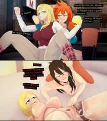  3d black_eyes black_hair blonde_hair blue_eyes choker corruption covered_with_cum cum_on_body cyanstargazer doll doll_joints dollification expressionless femsub glasses happy_trance itsuka_kendo koikatsu! maledom melissa_shield my_hero_academia nana_shimura nude puppet red_hair sex text 