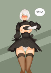  absurdres blush breasts breasts_outside bulge corruption dress dress_lift exposed_chest expressionless futa_only futanari futasub glowing glowing_eyes knees_together large_breasts legs mole nier_automata oo_sebastian_oo open_clothes panties precum short_hair solo standing standing_at_attention text thighhighs underwear upskirt virus white_hair yorha_no._2_type_b 