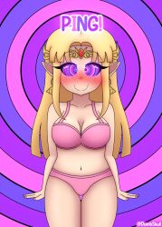  a_link_between_worlds bangs bare_legs blonde_hair blush bra breasts cleavage collarbone dumbskull earrings elf_ears eyebrows_visible_through_hair female_only femsub happy_trance headdress jewelry kaa_eyes legs long_hair looking_at_viewer nail_polish navel nintendo panties ping princess_zelda ring_background ring_eyes smile solo super_smash_bros. text the_legend_of_zelda thigh_gap thighs underwear unfocused_eyes 