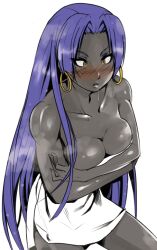 animated animated_gif asashin blush breasts breath bugmenotencore_(manipper) cleavage collarbone crossed_eyes dark_skin dead_source drool earrings empty_eyes eyeshadow fate/grand_order fate_(series) femsub hassan_of_the_hundred_faces_(fate) jewelry large_breasts makeup maledom manip open_mouth purple_hair simple_background towel very_long_hair white_background yellow_eyes