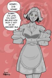 hades_2 housewife hypnovember lipstick melinoe_(hades) short_hair simple_background smile spiral_eyes stepfordization syas-nomis text