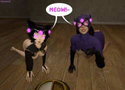  3d batman_(series) cat_ears cat_girl cat_pose catwoman clothed_exposure dc_comics dialogue empty_eyes femsub hypnolordx hypnotic_accessory kali_belladonna milf pet_play rwby tech_control text 