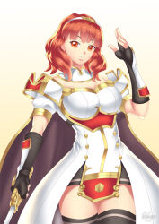breasts celica_(fire_emblem) fingerless_gloves fire_emblem fire_emblem_echoes gradient_background hadant large_breasts nintendo red_eyes red_hair signature simple_background solo sword thighhighs thighs weapon