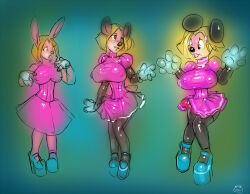 before_and_after blonde_hair breast_expansion breasts bulge bunny_girl disney engineskye erection furry futa_only futanari futasub high_heels latex minnie_mouse mouse_girl original penis skirt skirt_lift solo transformation