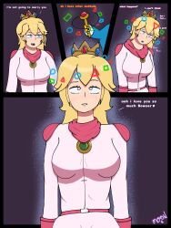  before_and_after blonde_hair blue_eyes bodysuit clothed comic crossed_eyes crown dazed dialogue female_only femsub heart heart_eyes limp long_hair m00n_key magic_wand magikoopa nintendo open_mouth princess princess_peach signature simple_background smile solo sparkle spiral_eyes standing standing_at_attention super_mario_bros. symbol_in_eyes text 