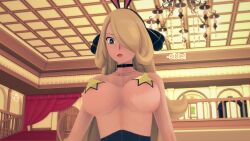 aware blonde_hair bouncing_breasts breast_expansion bunny_ears choker clothed clothed_exposure cynthia dialogue english_text female_only grey_eyes hair_covering_one_eye mustardsauce necklace nintendo nude pasties pokemon pokemon_(anime) solo star_pasties text