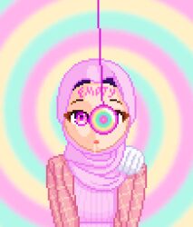  animated animated_gif body_writing drool fabius femsub hijab jacket open_mouth original pendulum phantom_hand pink_eyes pixel_art purple_eyes spiral_background sweater text 
