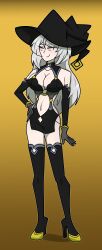  absurdres alternate_costume bare_shoulders chillin'_in_another_world_with_level_2_super_cheat_powers cleavage clothed cosplay costume crossover damalynas female_only femsub gloves gradient_background hand_on_hip happy_trance heart high_heels hy2300 large_breasts long_hair navel smile solo spiral_eyes standing thighhighs white_hair witch witch_hat yixuan_(zenless_zone_zero) zenless_zone_zero 