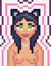  animal_ears animated animated_gif black_hair breasts cat_girl collar drool female_only femsub green_eyes hypnoslumber kya_(nazwa) long_hair open_mouth original pixel_art smile solo topless 