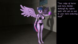  3d bare_legs barefoot before_and_after bra caption cuddlycarlos dialogue feet female_only furry glowing horns horse_girl long_hair magic manip my_little_pony navel panties purple_hair purple_skin smile solo standing straight-cut_bangs tail tattoo text twilight_sparkle underwear unicorn_girl wings 