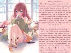  absurdres blue_eyes breasts brown_hair caption caption_only consensual female_only femdom hypnotic_eyes large_breasts long_hair looking_at_viewer manip maybeimguilty_(manipper) pov pov_sub rosuuri socks text wholesome 