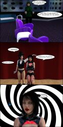 3d absurdres black_hair breasts comic denial dialogue female_only femdom femsub fishnets green_hair kathy_(theheckle) kisstress_(theheckle) large_breasts latex legs midriff miniskirt original short_skirt skirt spiral spiral_eyes stage_hypnosis sweater symbol_in_eyes text theheckle 