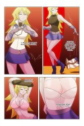 absurdres alexis_rhodes blonde_hair breast_expansion breasts cleavage closed_eyes comic dancing femsub happy_trance hypnotic_audio hypnotic_music large_breasts long_hair maledom purple_skin smile text underwear undressing wadevezecha yu-gi-oh! yu-gi-oh!_gx