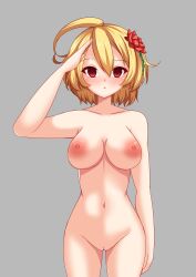 absurdres blonde_hair bottomless breasts empty_eyes femsub hime_(orange_juice) nude red_eyes saluting short_hair standing standing_at_attention suguri topless yakai